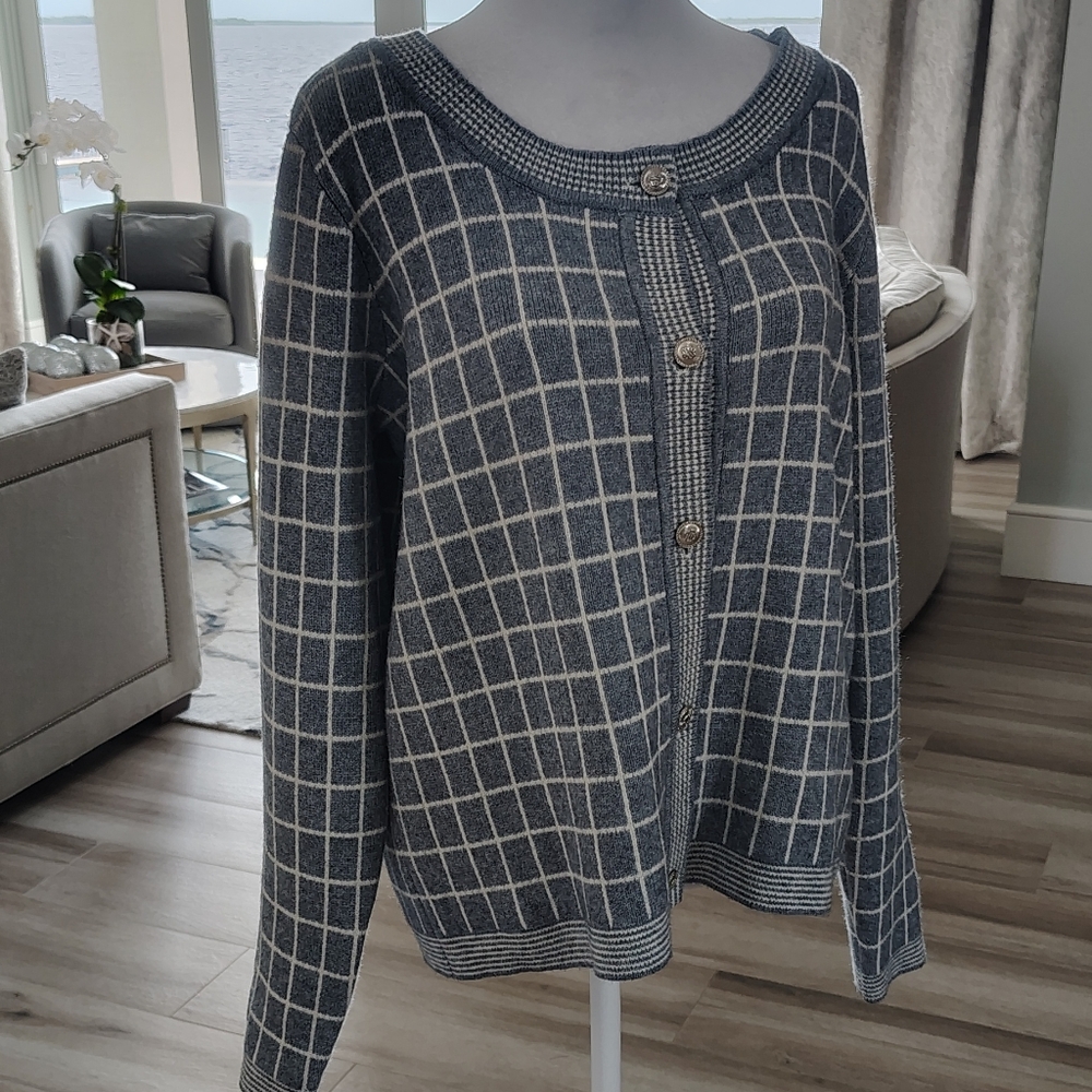 Cyrus Blue and Cream Grid Cardigan - Picture 3 of 9